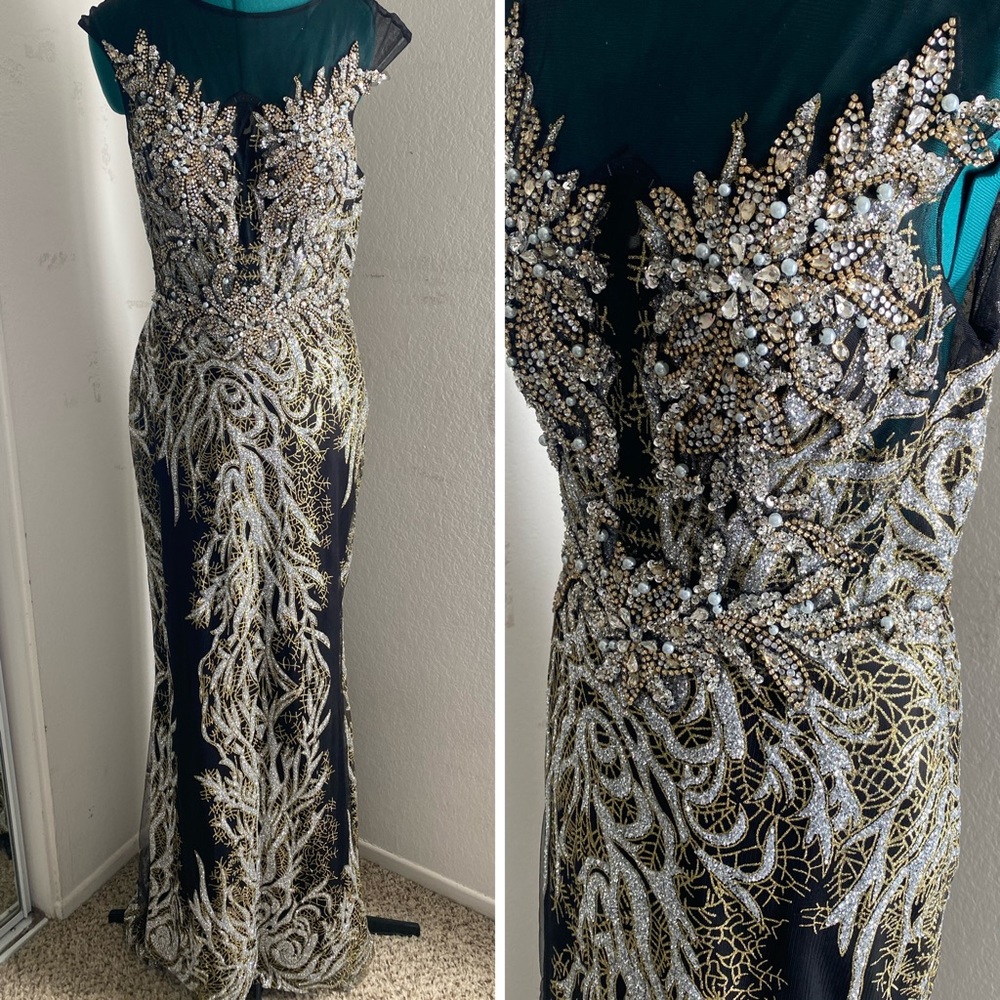 BLACK SILVER GOLD SEQUIN BEADED FORMAL DRESS BY ELIZABETH K SIZE L